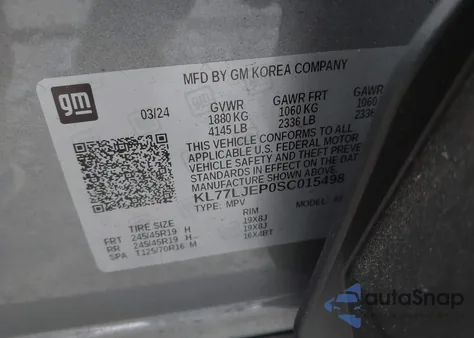 2025 Chevrolet Trax Fwd 2Rs из США, поврежденный, VIN KL77LJEP0SC015498